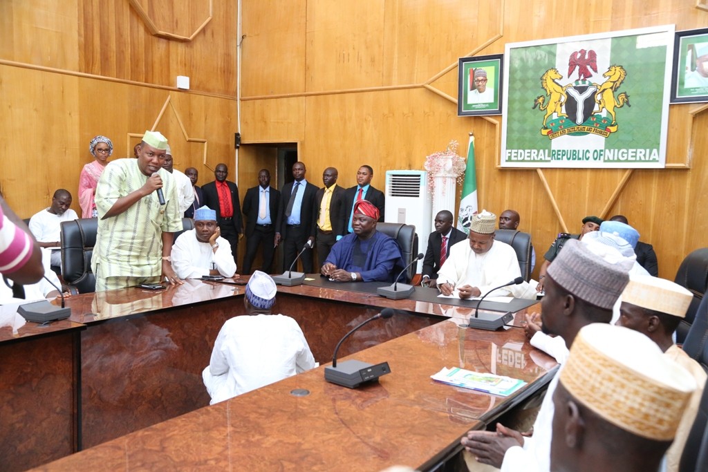Lagos State Governor, Mr. Akinwunmi Ambode (3rd left); his Kebbi State counterpart, Governor Atiku Bagudu (4th left); Lagos State Commissioner for Agriculture, Hon. Toyin Suarau (2nd left) and Special Adviser to Lagos State Governor on Food Security, Mr. Ganiyu Okanlawon Sanni (left) and other Officials of Kebbi State Government during a meeting on the Lagos Kebbi Agricultural Development Partnership at the Government House, Birnin Kebbi, Kebbi State on Saturday, June 4, 2016.