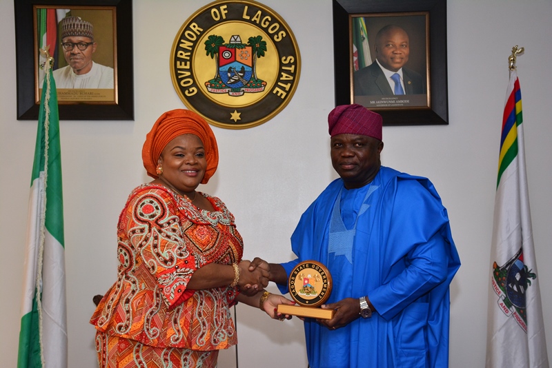 With Governor Akinwunmi Ambode in this picture is the Wife of Imo State Governor, and chairperson of the Southern Governors' Wives' Forum, Her Excellency, Mrs. Nneka Okorocha during the courtesy visit by members of the Southern Governors' Wives' Forum, this morning at the Lagos House, Alausa, Ikeja. 