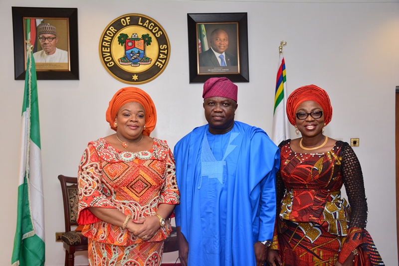 With Governor Akinwunmi Ambode in this picture is the Wife of Imo State Governor, chairperson of the Southern Governors' Wives' Forum, Her Excellency, Mrs. Nneka Okorocha (Left) and my adorable Wife, Bolanle  (Right), during the courtesy visit by members of the Southern Governors' Wives' Forum, this morning at the Lagos House, Alausa, Ikeja.