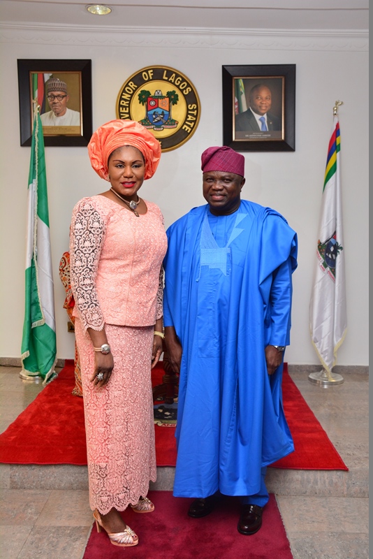 With Governor Akinwunmi Ambode in this picture is the Wife of Anambra State Governor, Her Excellency, Chief Mrs. Ebelechukwu Obiano during the courtesy visit by members of the Southern Governors' Wives' Forum, this morning at the Lagos House, Alausa, Ikeja. 