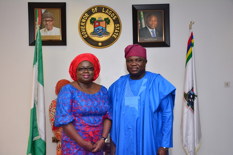 With Governor Akinwunmi Ambode in this picture is the Wife of Abia State Governor, Her Excellency, Mrs. Nkechi Ikpeazu during the courtesy visit by members of Southern Governors' Wives' Forum, this morning, at the Lagos House, Alausa, Ikeja.