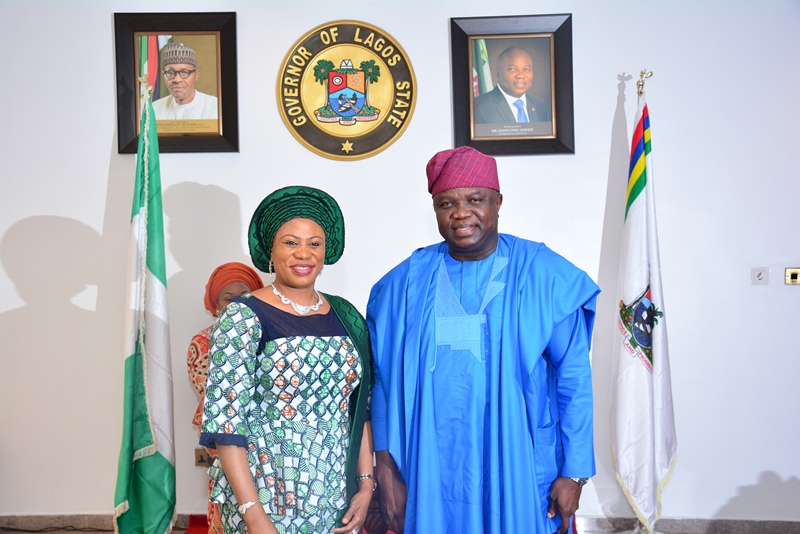 With Governor Akinwunmi Ambode in this picture is the Wife of Osun State Governor, Her Excellency, Mrs. Sherifat Aregbesola during the courtesy visit by members of the Southern Governors' Wives' Forum, this morning at the Lagos House, Alausa, Ikeja.