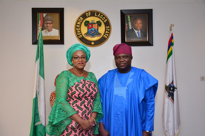 With Governor Akinwunmi Ambode in this picture is the Wife of Enugu State Governor, Her Excellency, Mrs. Monica Ugwuanyi during the courtesy visit by members of the Southern Governors' Wives' Forum, this morning at the Lagos House, Alausa, Ikeja.