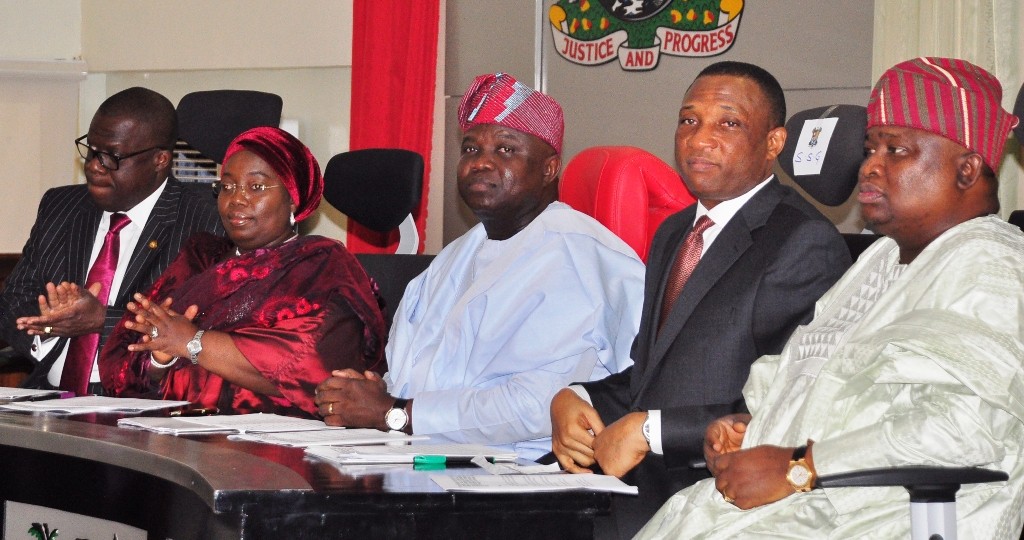 L-R: Lagos State Governor, Mr. Akinwunmi Ambode (middle); Attorney General & Commissioner for Justice, Mr. Adeniji Kazeem; Deputy Governor, Dr. (Mrs.) Oluranti Adebule; Secretary to the State Government, Mr. Tunji Bello and Senator Olamilekan Adeola Solomon during the swearing-in of Sole Administrators of the 20 Local Governments and 37 Local Council Development Areas in the State, at the Banquet Hall, Lagos House, Ikeja on Monday, June 13, 2016.