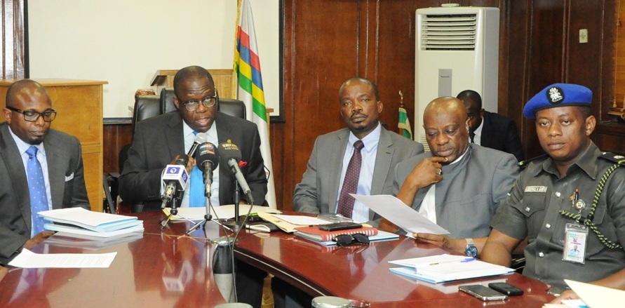 Attorney General & Commissioner for Justice, Mr. Adeniji Kazeem (2nd left); Permanent Secretary, Lands Bureau, Mr. Bode Agoro (left); Stand-in Chairman, Inter Ministerial Task Force on Land Grabbers in Lagos, Mr. Akinjide Bakare (3rd right); Director, Enforcement & Advocacy, Ministry of the Environment, Dr. Afolabi Abiodun Tajudeen (2nd right) and Commander, Governor’s Monitoring Team, Superintendent of Police, Adebowale Ganiyu (right) during the inauguration of the Inter Ministerial Task Force on Land Grabbers at the Conference Room, Ministry of Justice, the Secretariat, Alausa, Ikeja, on Monday, June 27, 2016.