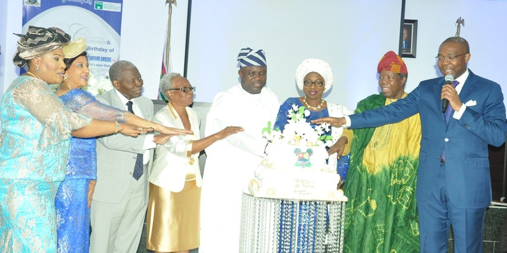 R-L: Lagos State Governor, Mr. Akinwunmi Ambode (4th right), his Wife, Bolanle (3rdright); President, Nigerian Stock Exchange (NSE), Mr. Aigboje Aig-Imoukhuede; members of Committee Encouraging Corporate Philanthropy (CECP-Nigeria) - Dr. Michael Omolayole; Convener, Mrs. Tutu Adeleke; Dr. Christopher Kolade; Publisher, Guardian Newspapers, Maiden Alex Ibru and Chief (Mrs.) Kemi Nelson, jointly cutting the cake during a Special #GivingTuesday organized by the CECP-Nigeria to mark the Governor’s 53rd birthday, at the Banquet Hall, Lagos House, Ikeja, on Tuesday, June14, 2016. 