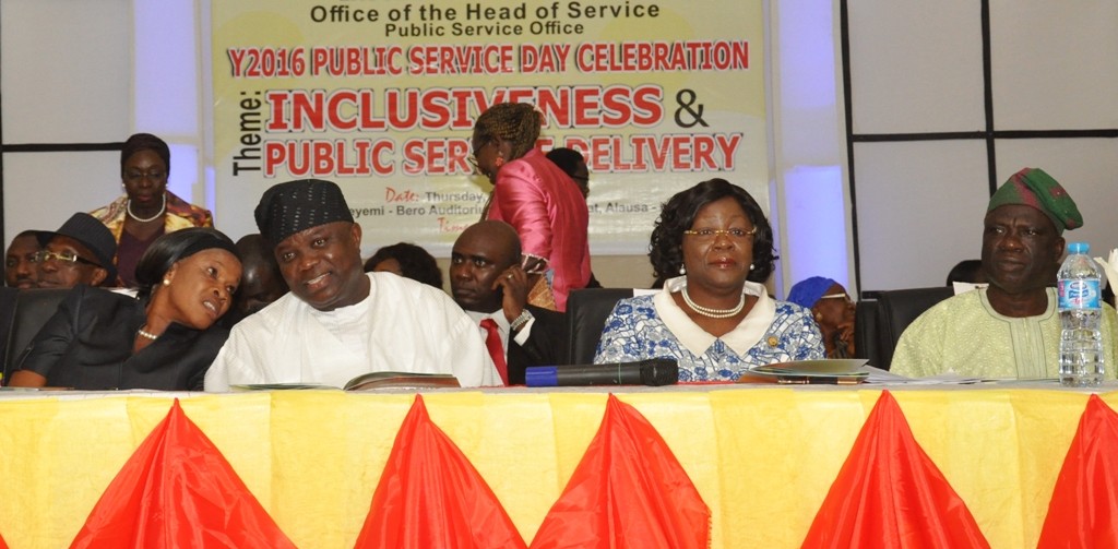 L-R: Lagos State Governor, Mr. Akinwunmi Ambode (2nd left), with Chairman, Lagos State Civil Service Commission, Mrs. Adeyinka Taiwo Oyemade;  Head of Service, Mrs. Olabowale Ademola and Commission III, Lagos State Civil Service Commission, Hon. Wasiu Odeyemi during the Public Service Day Celebration, at the Adeyemi Bero Auditorium, Alausa, Ikeja, on Thursday, June 23, 2016.