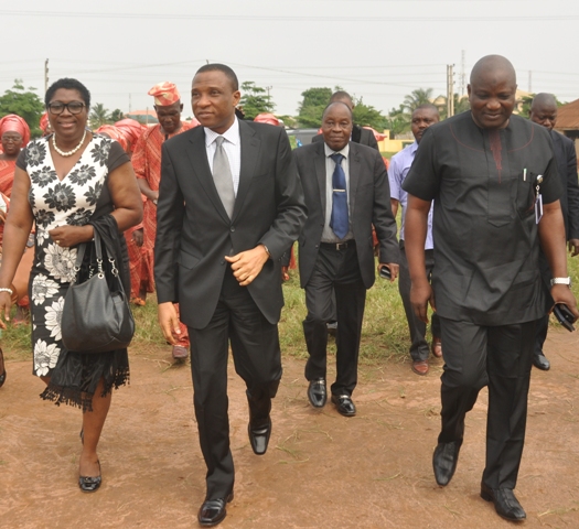 Representative of Lagos State Governor & Secretary to the State, Mr. Tunji Bello (middle), flanked by Chairman, State Universal Basic Education Board, Dr. Ganiyu Sopeyin (right) and Secretary, State Universal Basic Education Board, Mrs. Bose Adelaja (left) during the commissioning of Farm Settlement Primary School, Odogunyan, Ikorodu, donated by the Ford Foundation and Journalists for Democratic Rights (JODER), on Thursday, June 16, 2016.