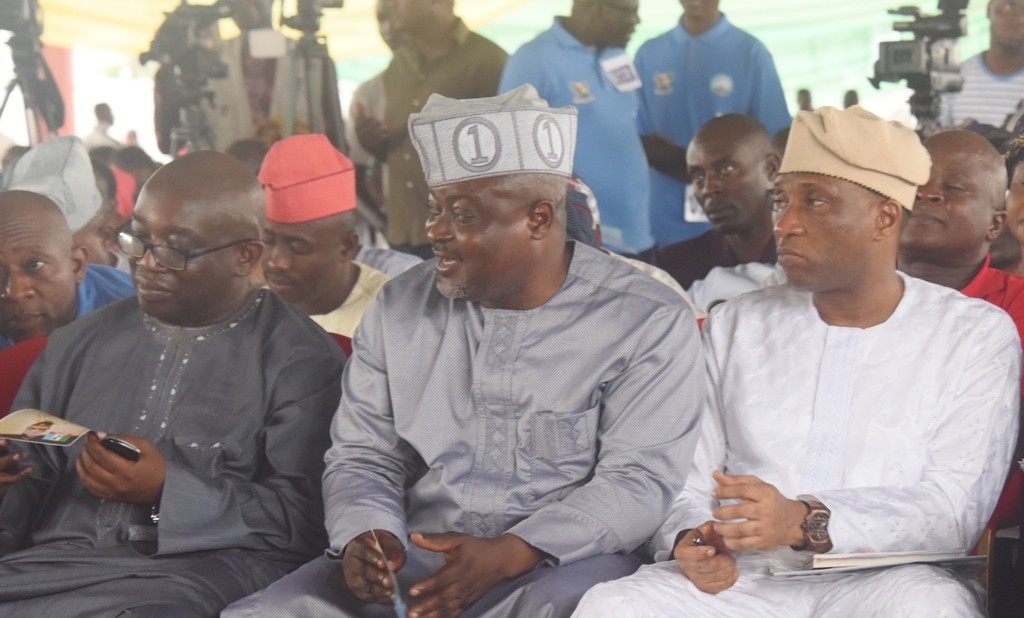 R-L: Representative of Lagos State Governor, Secretary to the State Government, Mr. Tunji Bello, with Speaker, Lagos House of Assembly, Rt. Hon. Mudashir Obasa; and Son of late M.K.O Abiola, Mr. Jamiu Abiola during the 23rdAnniversary of June 12 with the theme Democracy and Inclusiveness: Basis for Good Governance, at the Blue Roof, LTV. Agidingbi, Ikeja, on Sunday, June 12, 2016. 