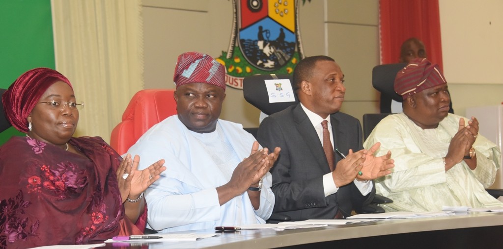 L-R: Lagos State Governor, Mr. Akinwunmi Ambode (2nd left); Deputy Governor, Dr. (Mrs.) Oluranti Adebule; Secretary to the State Government, Mr. Tunji Bello and Senator Olamilekan Adeola Solomon during the swearing-in of Sole Administrators of the 20 Local Governments and 37 Local Council Development Areas in the State, at the Banquet Hall, Lagos House, Ikeja on Monday, June 13, 2016.