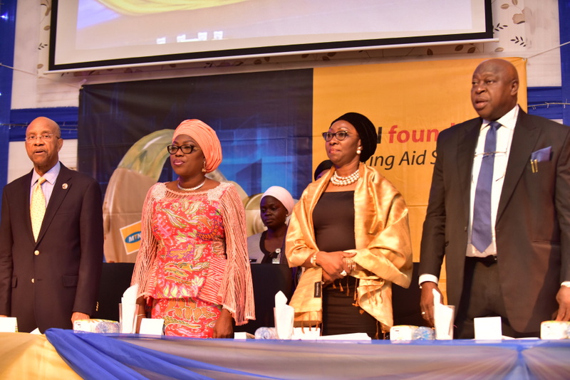Wife of Lagos State Governor, Mrs Bolanle Ambode (2nd left); MTN Foundation Director, Mr. Dennis Okoro (left); MTN Executive, Mrs. Amina Oyagbola (2nd right); and rep. of governor of Lagos State, Dr. Olufemi Onanuga (right), during the Hearing Aid Support Project Distribution ceremony at NECA House, Alausa, Ikeja, on Monday, 18 July, 2016.