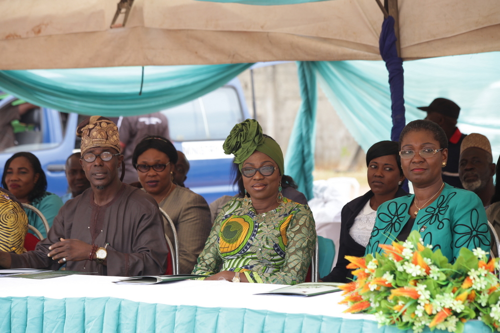 Wife of the Governor of Lagos State, Mrs Bolanle Ambode (M); Sole Administrator, Ikosi Isheri LCDA, Aremo Adewale Abdul (L), a COWLSO member and wife of the SSG, Prof. Ibiyemi Tunji-Bello, during the 2016 Tree Planting Exercise at Ikosi Snr. Secondary School, Ketu.