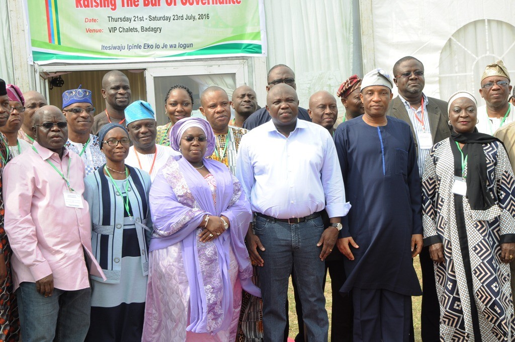 Lagos State Governor, Mr. Akinwunmi Ambode (3rd right); Secretary to the State Government, Mr. Tunji Bello (2nd right), Deputy Governor, Dr. (Mrs.) Oluranti Adebule (3rd left); Chief of Staff, Mr. Olukunle Ojo  left) in a group photograph with some members of the Body of Permanent Secretaries during the State Executive Council and Body of Permanent Secretaries Retreat, with the theme Reflect, Reappraise, Restrategise…Raising the Bar of Governance at the V.I.P Chalet, Badagry, Lagos on Friday, July 22, 2016.