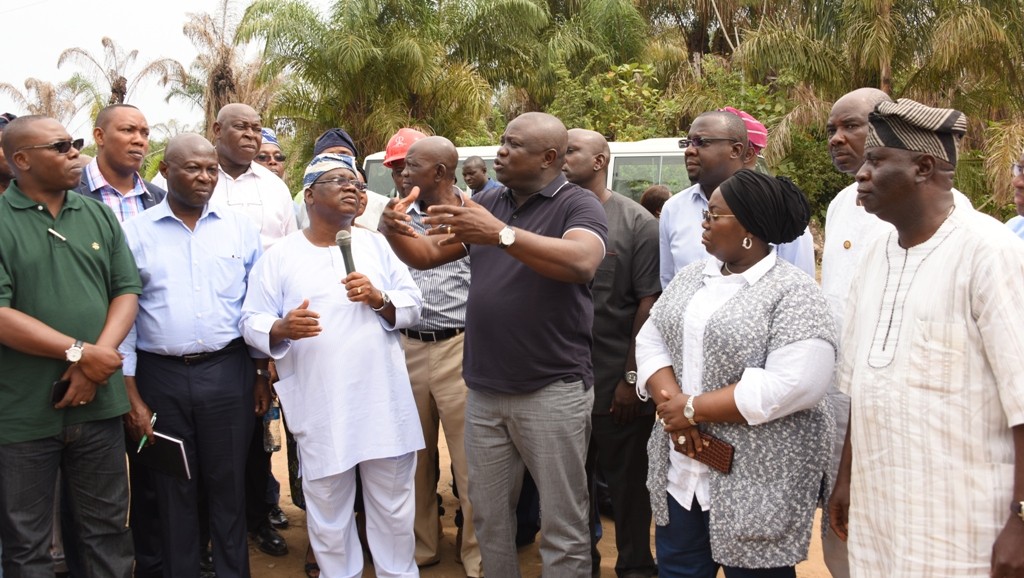 L-R: Lagos State Governor, Mr. Akinwunmi Ambode (3rd right); Commissioner for Housing, Mr. Gbolahan Lawal; his counterparts for Water Infrastructure Development, Engr. Adebowale Adesanya; Works & Infrastructure, Engr. Ganiyu Johnson; Deputy Governor, Dr. (Mrs.) Oluranti Adebule; Special Adviser to the Governor on the Environment, Mr. Babatunde Hunpe and other members of the State Executive Council during the Governor’s inspection of the ongoing construction of the Ido Railway in Badagry, Lagos on Wednesday, July 13, 2016.  
