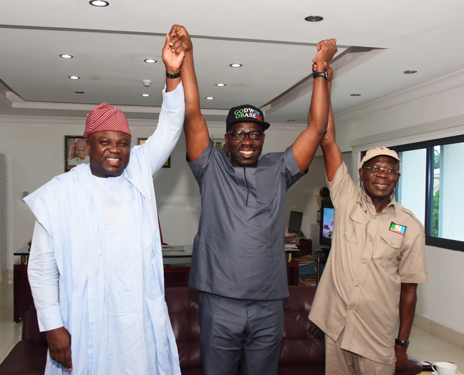 Lagos State Governor & Chairman, APC National Campaign Council, Edo Governorship Election 2016, Mr. Akinwunmi Ambode; Gubernatorial Candidate of All Progressives Congress (APC), Mr. Godwin Obaseki and Edo State Governor, Mr. Adams Oshiomhole during Gov. Ambode’s visit to support the APC Candidate, at the Government House in Benin City, Edo, on Tuesday, July 19, 2016.