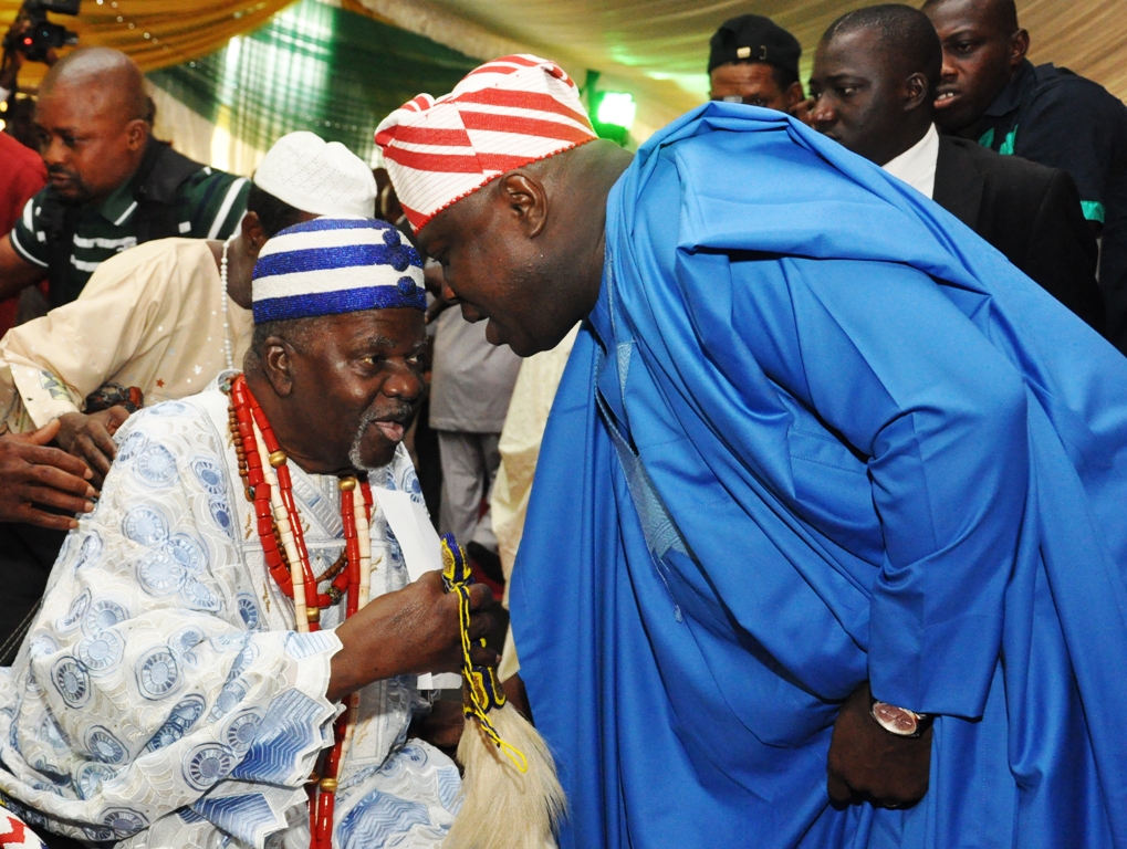 Lagos State Governor, Mr. Akinwunmi Ambode (right), with Oba Akran of Badagry, Aholu Menu Toyi I (left) during the Y2016 Second Quarter Town Hall meeting at the Muslim Community Playing Ground, General Hospital Road, Badagry, Lagos on Tuesday, July 12, 2016.