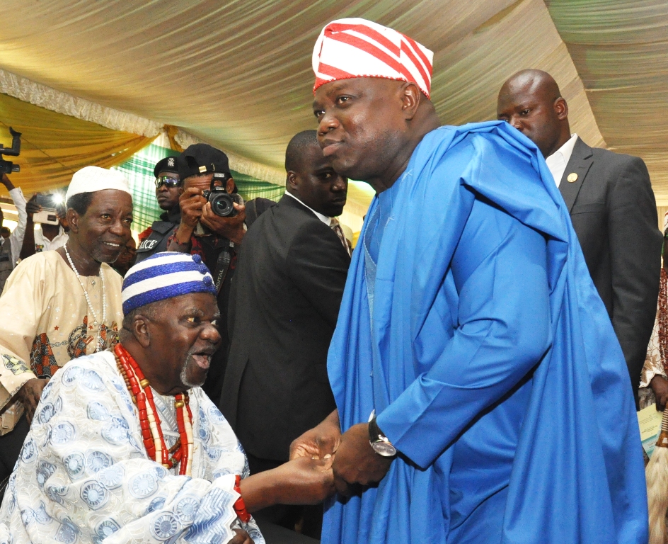 Lagos State Governor, Mr. Akinwunmi Ambode (right), with Oba Akran of Badagry, Aholu Menu Toyi I (left) during the Y2016 Second Quarter Town Hall meeting at the Muslim Community Playing Ground, General Hospital Road, Badagry, Lagos on Tuesday, July 12, 2016.