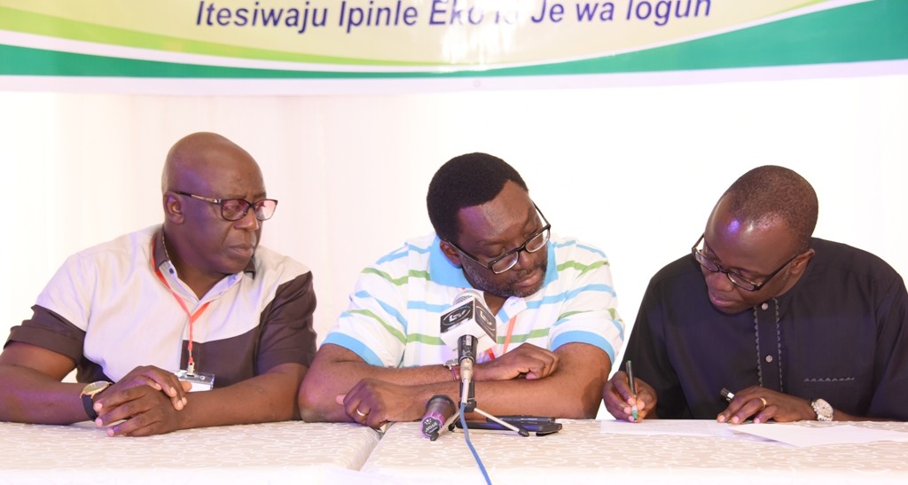  Lagos State Commissioner for Information & Strategy, Mr. Steve Ayorinde (middle); Commissioner for Economic Planning & Budget, Mr. Akinyemi Ashade (right) and Permanent Secretary, Ministry of Information & Strategy, Mr. Fola Adeyemi, jointly addressing journalists during the closing of State Executive Council and Body of Permanent Secretaries Retreat, with the theme Reflect, Reappraise, Restrategise…Raising the Bar of Governance at the V.I.P Chalet, Badagry, Lagos on Sunday, July 24, 2016.