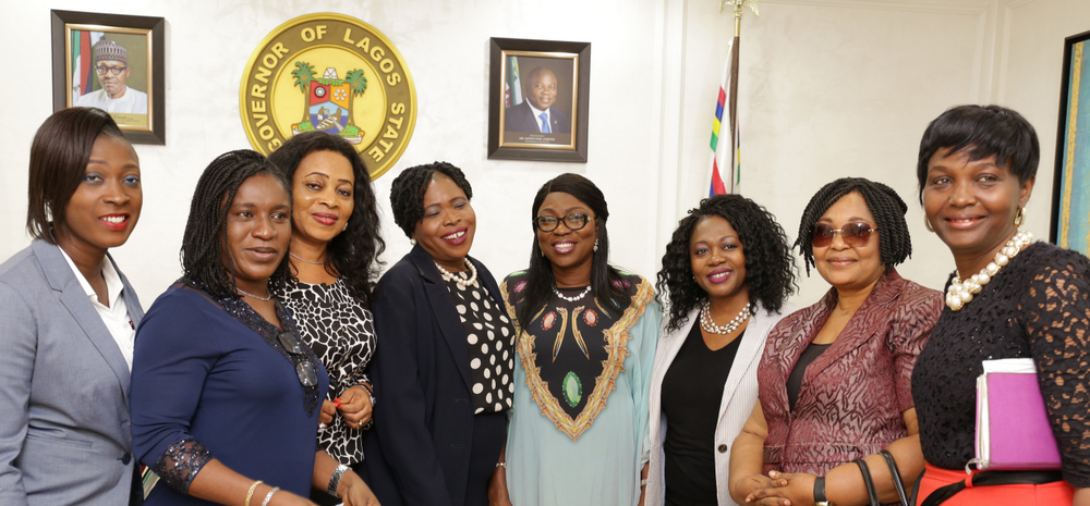 Wife of the Governor of Lagos State, Mrs. Bolanle Ambode (4th right); rep. of chairperson LCCI women group, Mrs. Victoria Onafowokan (4th left); secretary of the group, Dele Ogunjobi (2th left); and other members of LCCI Women team, during their courtesy visit the wife of the Governor at Lagos House, Ikeja, today.