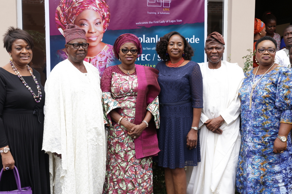 Wife of the Governor of Lagos State, Mrs. Bolanle Ambode (3rd left); Convener & Founder, LTEC foundation, Mrs. Doyin Olatunji (3rd right); Mr. John Aiyegbayo (2nd right); Emotional life coach, Mrs. Olubukola Adefowope (left); board member, Kudirat Initiative for Democracy, Mr. Debo Adeyemi (2nd left); and CEO. Mona Matthews, Mrs. Abimbola Azeh (left), during the LTEC / STEP UP Initiative Foundation’s “Learn to Earn conference” at the Cromwell Courtyard Hotel, Ikeja, Lagos, on Friday, August 12, 2016