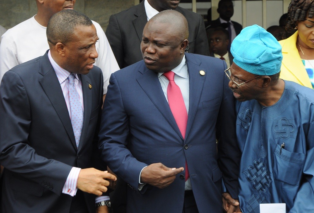 Lagos State Governor, Mr. Akinwunmi Ambode (middle); Secretary to the State Government, Mr. Tunji Bello (left) and Representative of Victoria Island/Ikoyi Residents Associations (VIIRA), Dr. Ishola Salami (right) during the inauguration of a Committee on Clean-up of Victoria Island/Ikoyi/Lekki Areas at the Lagos House, Ikeja, on Tuesday, August 30, 2016.
