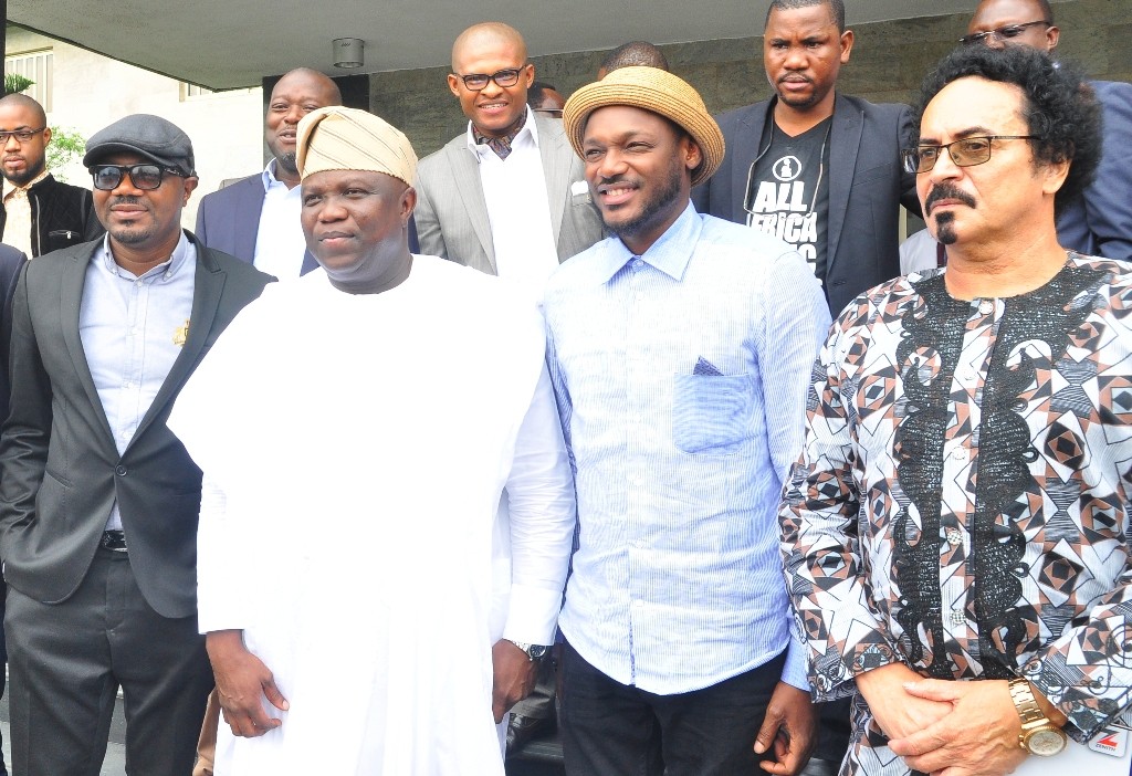 Lagos State Governor, Mr. Akinwunmi Ambode (2nd left), with Jimmy Amu a.ka. Dj Jimmy Jatt; International Music Act, Innocent Idibia a.ka. 2Baba; Nigerian Flurist, Dr. Tee Mac Omatshola Iseli during a courtesy visit by Officials of African Union, International Committee of AFRIMA Executives and its 2014 & 2015 Award Winners at the Lagos House, Ikeja, on Monday, August 15, 2016. 