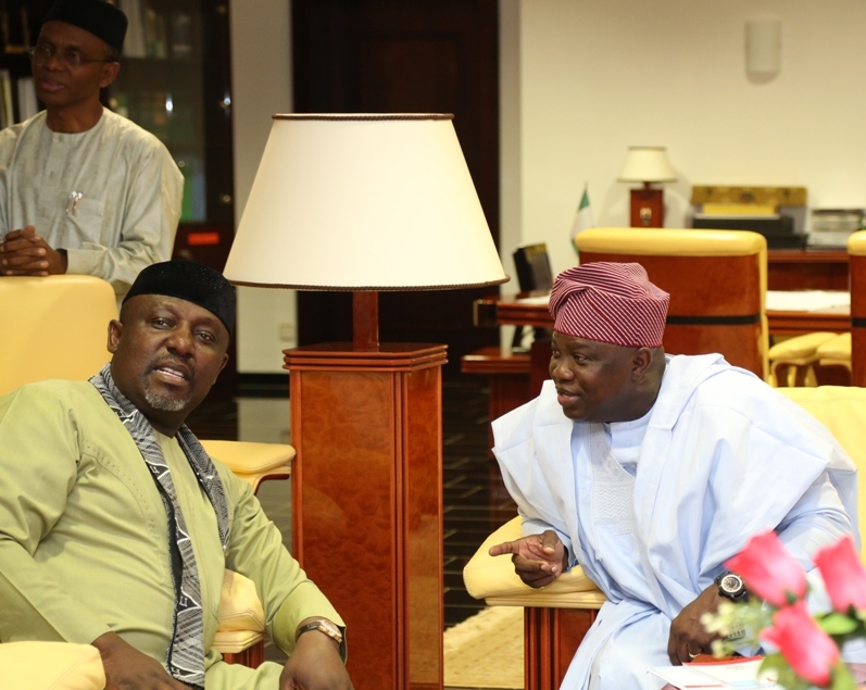 Lagos State Governor, Mr. Akinwunmi Ambode (right), with Chairman, Progressives Governors’ Forum & Governor of Imo State, Owelle Rochas Okorocha (left) and Governor of Kaduna State, Mallam Nasir El-Rufai (behind) during the 4th Progressive Governance Lecture Series with the topic - Building the Economy of States: Challenge of Developing Inclusively Sustainable Growth, in Kaduna on Thursday, August 25, 2016.