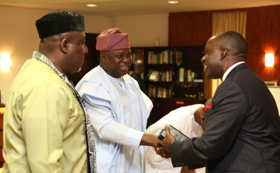 Lagos State Governor, Mr. Akinwunmi Ambode (middle), with the Guest Lecturer & former Governor of Central Bank of Nigeria (CBN), Prof. Charles Soludo (right) and Chairman, Progressives Governors’ Forum & Governor of Imo State, Owelle Rochas Okorocha (left) during the 4th Progressive Governance Lecture Series with the topic - Building the Economy of States: Challenge of Developing Inclusively Sustainable Growth, in Kaduna on Thursday, August 25, 2016.