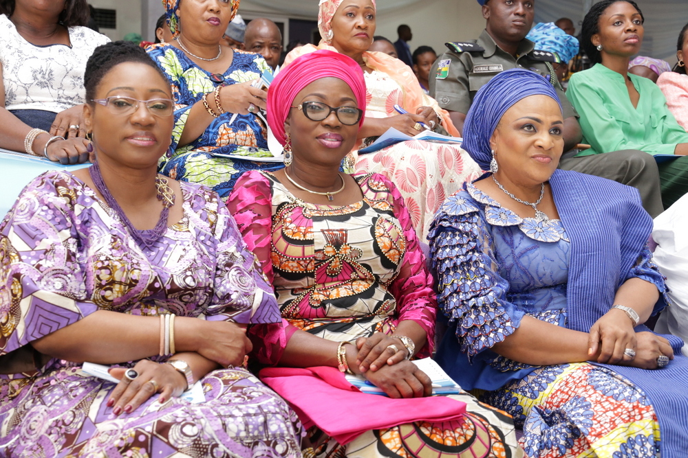 Wife of the Governor of Lagos State, Mrs. Bolanle Ambode (m); wife of the Governor of Oyo State & Founder of Access to Basic Medical Care Foundation, Mrs. Florence Ajimobi (right); and wife of the Minister of Solid Minerals Development, Erelu Bisi Fayemi, during the 3rd annual Access to Basic Medical Care Foundation’s medical symposium with the theme: “The Role of HPV Testing in Cervical Cancer Screening in Nigeria”, at the Mauve 21 event centre, Ibadan, Oyo State