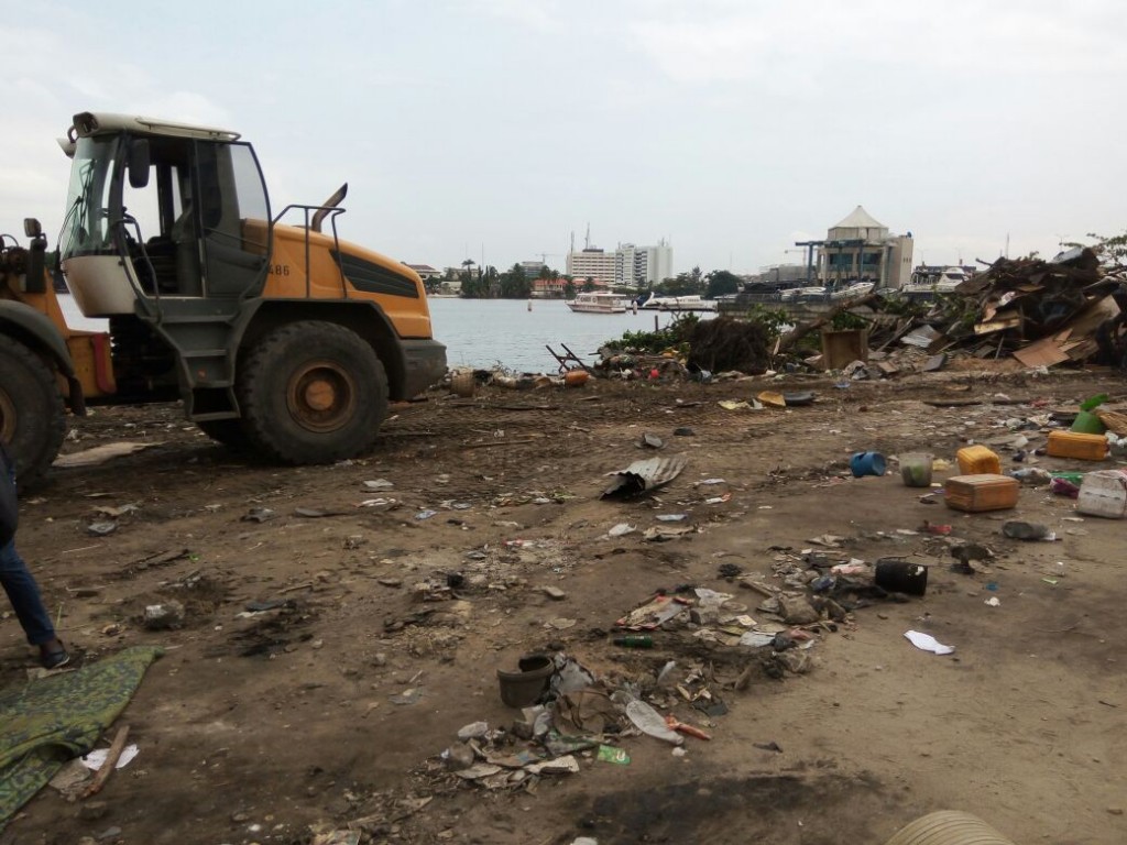 Cleaning of Ozumba Mbadiwe Waterfront, Victoria Island, being cleared of illegal structures and shanties by Officials of the Lagos State Task Force and the State Waste Management Authority (LAWMA), on Saturday, September 24, 2016.