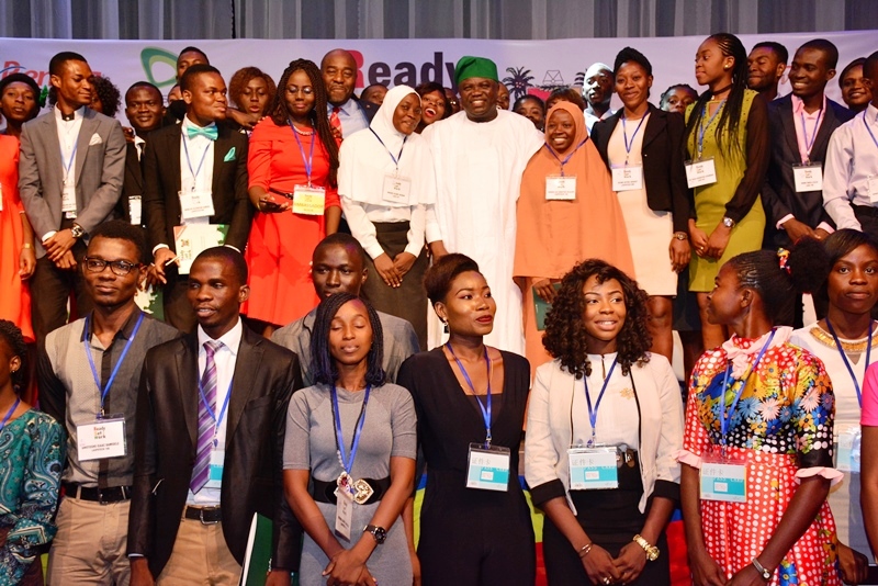 Lagos State Governor, Mr. Akinwunmi Ambode (middle), in a group photograph with graduands of Ready, set, Work programme, Class of 2016 during the Graduation Ceremony, at the Landmark Event Centre, Victoria Island, Lagos, on Thursday, September 15, 2016.