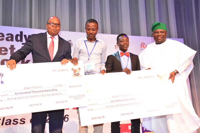 Lagos State Governor, Mr. Akinwunmi Ambode, with Winners of Entrepreneur category, Biogas Production, Sarumi Oluwafemi; Dada Samuel and Country Senior Partner, PricewaterCooper (PWC) Nigeria, Mr. Uyi Akpata during the Ready, Set, Work Graduation Ceremony, Class of 2016, an initiative of the State Ministry of Education at the Landmark Event Centre, Victoria Island, Lagos, on Thursday, September 15, 2016.