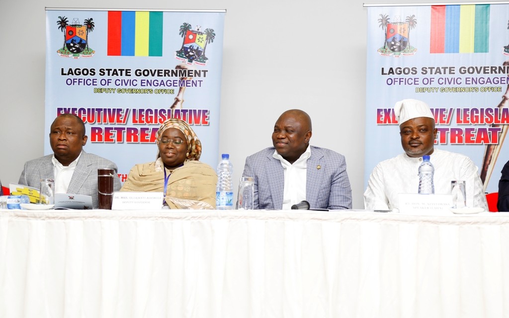Lagos State Governor, Mr. Akinwunmi Ambode (2nd right), with Deputy Governor, Dr. (Mrs.) Oluranti Adebule (2nd left); Speaker, Lagos State House of Assembly, Rt. Hon. Mudashiru Obasa (right) and Senator representing Lagos West Senatorial District, Mr. Olamilekan Adeola Solomon during the Opening session of the Executive/Legislative Retreat, with the theme ‘Good Governance in a Recession’, at the Eko Hotel & Suites, Victoria Island, Lagos, on Friday, October 14, 2016. 