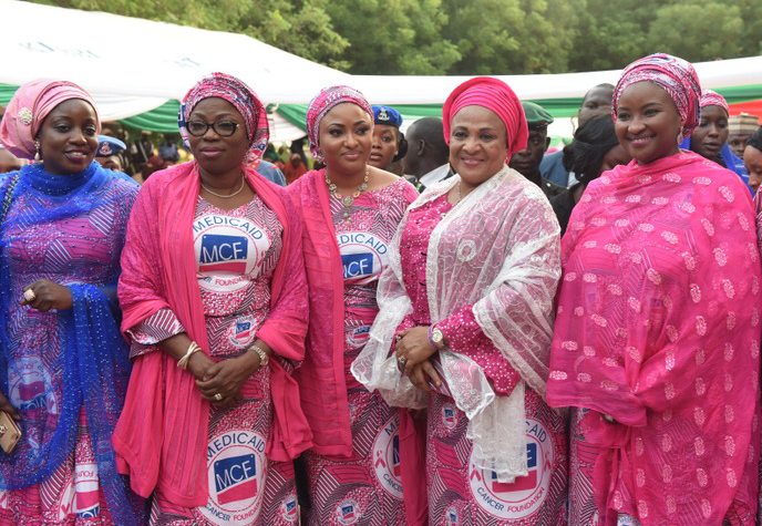 Wife of Lagos State Governor, Mrs. Bolanle Ambode (2nd left); wife of the governor of Kebbi State and founder, Medicaid Cancer Foundation, Dr. Zainab Atiku Bagudu (right); wife of the Governor of Oyo State, Mrs. Florence Ajimobi (2nd right); wife of the Governor of Kogi State, Hajiya Rashida Bello (m); and wife of the Governor of Sokoto State, Hajiya Maryam Mairo Tambuwal (left), during the 2016 Kebbi Cancer Awareness Week, organized by Medicaid Cancer Foundation, a pet project of the wife of the Governor, at Birni-Kebbi, Kebbi State, on Thursday, 6th October, 2016.