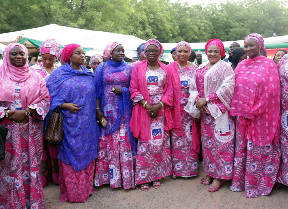 Wife of Lagos State Governor, Mrs. Bolanle Ambode (4th right); wife of the governor of Kebbi State and founder, Medicaid Cancer Foundation, Dr. Zainab Atiku Bagudu (right); wife of the Governor of Oyo State, Mrs. Florence Ajimobi (2nd right); wife of the Governor of Kogi State, Hajiya Rashida Bello (3rd right); wife of the Governor of Sokoto State, Hajiya Maryam Mairo Tambuwal (4th left); wife of the Governor of Nasarawa State, Hajiya Mairo Al-Makura (3rd left); wife of the Governor of Cross River State, Dr. Linda Ayade (2nd left); and wife of the Governor of Niger State, Hajiya Amina Bello, during the 2016 Kebbi Cancer Awareness Week, organized by Medicaid Cancer Foundation, a pet project of the wife of the Governor, at Birni-Kebbi, Kebbi State, on Thursday, 6th October, 2016.