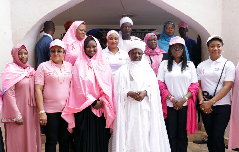 Emir of Gwandu, HRH. Alhaji Muhammadu Iliyasu Bashar (4th right); Wife of Lagos State Governor, Mrs. Bolanle Ambode (2nd right); wife of the governor of Kebbi State and founder, Medicaid Cancer Foundation, Dr. Zainab Atiku Bagudu (3rd left); wife of the Governor of Oyo State, Mrs. Florence Ajimobi (2nd left); wife of the Governor of Kogi State, Hajiya Rashida Bello (4th left); wife of the Governor of Zamfara State, Hajiya Hadiza Abdulaziz Yari (L); wife of the Governor of Niger State, Hajiya Amina Bello (3rd right); and wife of the Governor of Cross River, Dr. Linda Ayade (r), during the “Walk Away Cancer” campaign at the Emir's Palace, as part of 2016 Kebbi Cancer Awareness Week, organized by Medicaid Cancer Foundation, a pet project of the wife of the Governor, at Birni-Kebbi, Kebbi State, on Friday, 7th October, 2016.