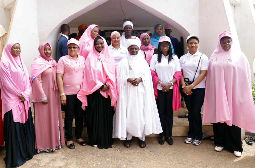  Emir of Gwandu, HRH. Alhaji Muhammadu Iliyasu Bashar (5th right); Wife of Lagos State Governor, Mrs. Bolanle Ambode (3rd right); wife of the governor of Kebbi State and founder, Medicaid Cancer Foundation, Dr. Zainab Atiku Bagudu (4th left); wife of the Governor of Oyo State, Mrs. Florence Ajimobi (3rd left); wife of the Governor of Kogi State, Hajiya Rashida Bello (5th left); wife of the Governor of Zamfara State, Hajiya Hadiza Abdulaziz Yari (2nd left); wife of the Governor of Niger State, Hajiya Amina Bello (4th right); and wife of the Governor of Cross River, Dr. Linda Ayade (2nd right), during the “Walk Away Cancer” campaign at the Emir’s Palace, as part of 2016 Kebbi Cancer Awareness Week, organized by Medicaid Cancer Foundation, a pet project of the wife of the Governor, at Birni-Kebbi, Kebbi State, on Friday, 7th October, 2016.