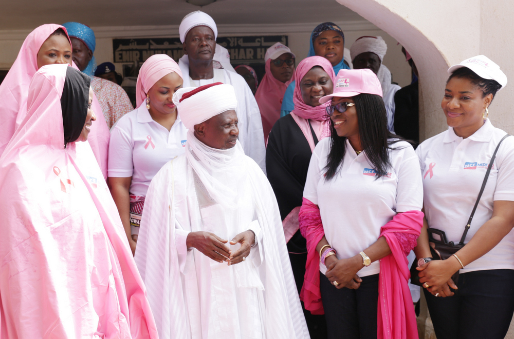 Emir of Gwandu, HRH. Alhaji Muhammadu Iliyasu Bashar (3rd left); Wife of Lagos State Governor, Mrs. Bolanle Ambode (2nd right); wife of the governor of Kebbi State and founder, Medicaid Cancer Foundation, Dr. Zainab Atiku Bagudu (left); wife of the Governor of Kogi State, Hajiya Rashida Bello (2nd left); wife of the Governor of Niger State, Hajiya Amina Bello (3rd right); and wife of the Governor of Cross River, Dr. Linda Ayade (right), during the “Walk Away Cancer” campaign at the Emir's Palace, as part of 2016 Kebbi Cancer Awareness Week, organized by Medicaid Cancer Foundation, a pet project of the wife of the Governor, at Birni-Kebbi, Kebbi State, on Friday, 7th October, 2016.