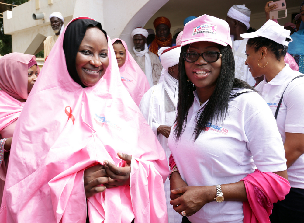 Wife of Lagos State Governor, Mrs. Bolanle Ambode (right) and wife of the governor of Kebbi State & founder, Medicaid Cancer Foundation, Dr. Zainab Atiku Bagudu (left), during the “Walk Away Cancer” campaign at the Palace of the Emir of Gwandu, as part of 2016 Kebbi Cancer Awareness Week, organized by Medicaid Cancer Foundation, a pet project of the wife of the Governor, at Birni-Kebbi, Kebbi State, on Friday, 7th October, 2016. 