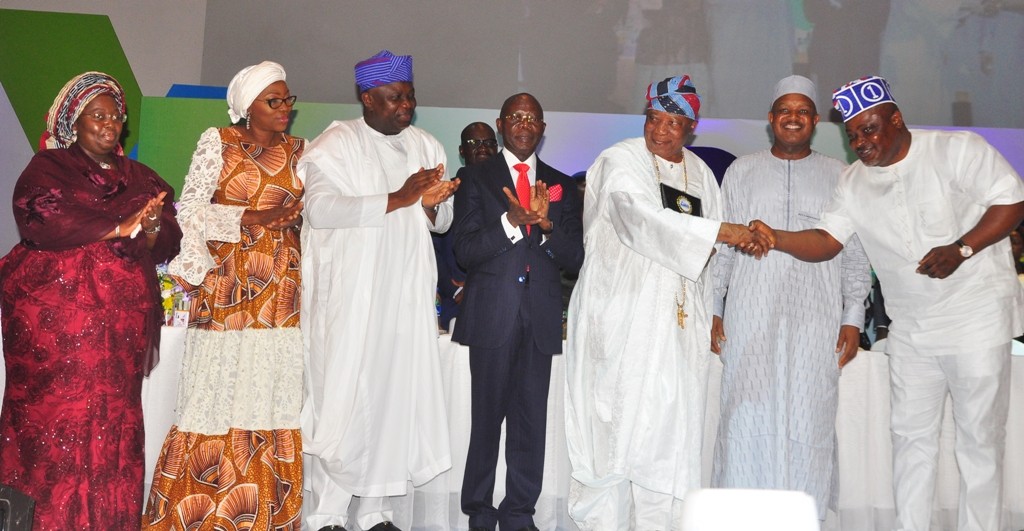 Lagos State Governor, Mr. Akinwunmi Ambode (3rd left); his wife & Chairman, Committee of Wives of Lagos State Officials (COWLSO), Bolanle (2nd left); Deputy Governor of Lagos State, Dr. Mrs. Oluranti Adebule (left); Edo State Governor, Comrade Adams Oshiomhole (middle); Sir Adebukunola Adebutu Kessington (3rd right) with the Certificate of Appreciation by COWLSO;  Kebbi State Governor, Alhaji Atiku Bagudu and Speaker, Lagos State House of Assembly, Rt. Hon. Mudashiru Obasa during the closing ceremony of the 16th Annual National Women  Conference organized by COWLSO, at the Convention Centre, Eko Hotel & Suites on Wednesday, October 26, 2016.