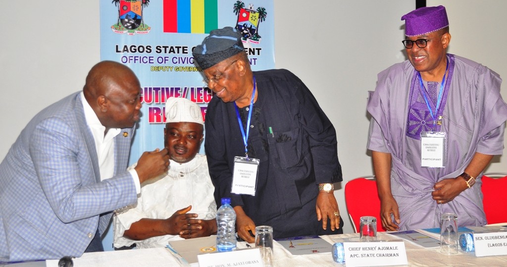 Lagos State Governor, Mr. Akinwunmi Ambode; Speaker, Lagos State House of Assembly, Rt. Hon. Mudashiru Obasa; Chairman, All Progressives Congress (APC), Lagos State Chapter, Otunba Henry Ajomale and Senator representing Lagos East Senatorial District, Mr. Gbenga Ashafa during the Opening session of the Executive/Legislative Retreat, with the theme ‘Good Governance in a Recession’, at the Eko Hotel & Suites, Victoria Island, Lagos, on Friday, October 14, 2016.