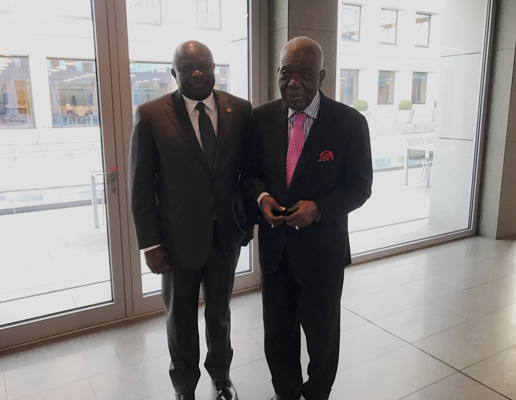 Lagos State Governor, Mr. Akinwunmi Ambode (left), with Chairman, APM Terminal, Apapa, Chief Ernest Shonekan, shortly after the Governor meet with the Executive Management of APM Terminals (Maersk Group) on the Badagry Deep Sea Port, at the A.P Moller – Maersk Head Office, Copenhagen, Denmark, on Thursday, October 27, 2016.