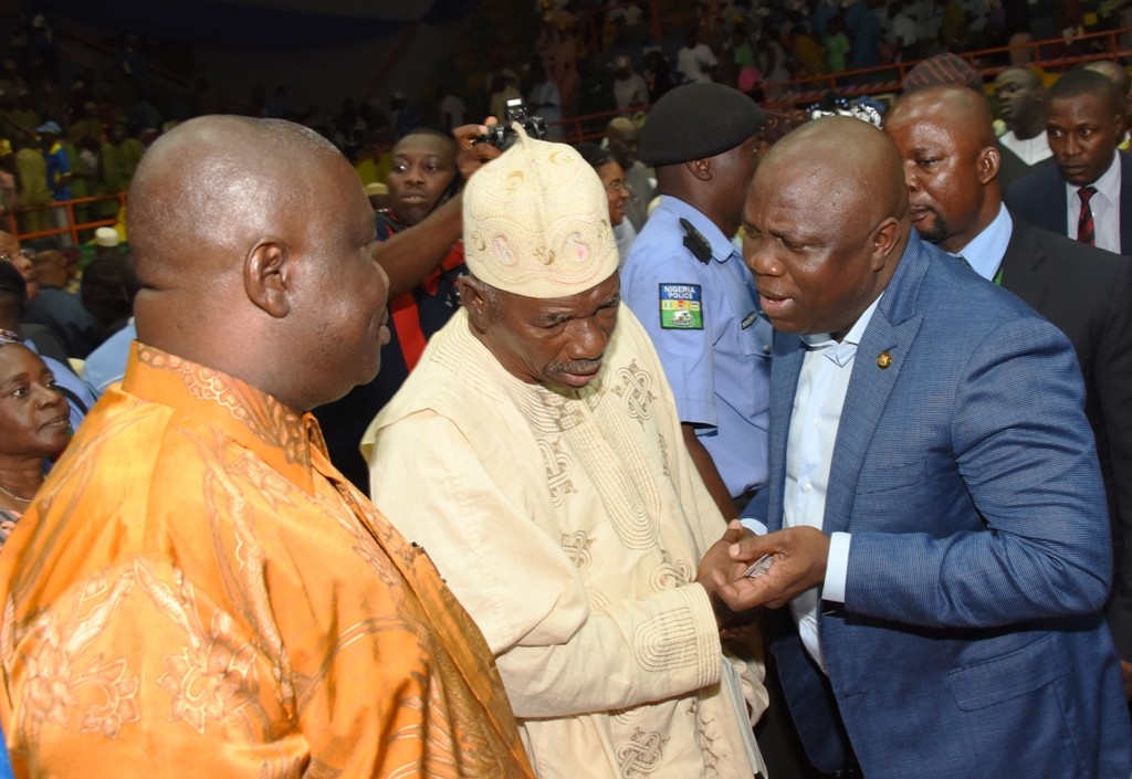  Lagos State Governor, Mr. Akinwunmi Ambode, with All Progressives Congress (APC) Leader, Lagos Central, Prince Tajudeen Olusi and former Speaker, Lagos State House of Assembly, Rt. Hon. Adeyemi Ikuforiji during the 3rd Quarter 2016 Town Hall meeting (5th in the series) to render account of stewardship of Governor Ambode’s administration, at the Sir Molade Okoya-Thomas Indoor Sports Hall, Teslim Balogun Stadium, Surulere, Lagos, on Tuesday, October 11, 2016.