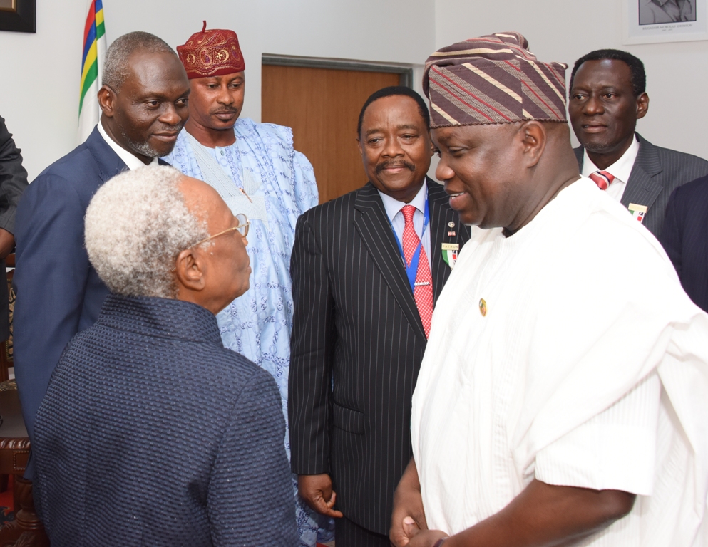Lagos State Governor, Mr. Akinwunmi Ambode, with Patron, Nigerian-British Chamber of Commerce, Chief Micheal Olawale-Cole; Council member, Aare Kamarudeen Danjuma; President of the Chamber, Prince Dapo Adelegan and Mrs. Magaret Adeleke during a courtesy visit to the Governor, at the Lagos House, Ikeja, on Tuesday, October 25, 2016.