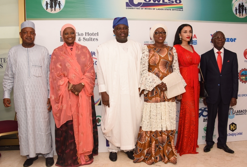  Lagos State Governor, Mr. Akinwunmi Ambode (3rd left); his wife & Chairman, Committee of Wives of Lagos State Officials (COWLSO), Bolanle (3rd right); Edo State Governor,  Comrade Adams Oshiomhole (right); his wife , Iara (2nd right); Kebbi State Governor, Alhaji Atiku Bagudu (left) and his wife; Dr. Zainab(2nd left) during the closing ceremony of the 16th Annual National Women Conference organized by COWLSO, at the Convention Centre, Eko Hotel & Suites on Wednesday, October 26, 2016.