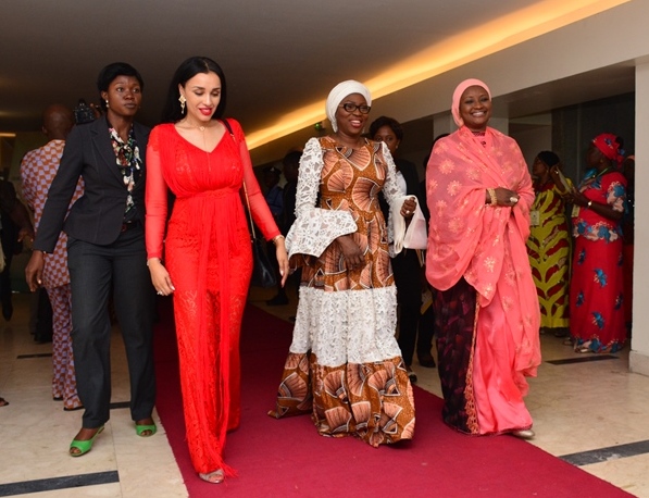 Wife of Lagos State Governor & Chairman, Committee of Wives of Lagos State Officials (COWLSO), Mrs. Bolanle Ambode (middle), with Mrs. Iara Oshiomhole (left) and Dr. Zainab Bagudu (right) during the closing ceremony of the 16th Annual National Women Conference organized by COWLSO, at the Convention Centre, Eko Hotel & Suites on Wednesday, October 26, 2016. 