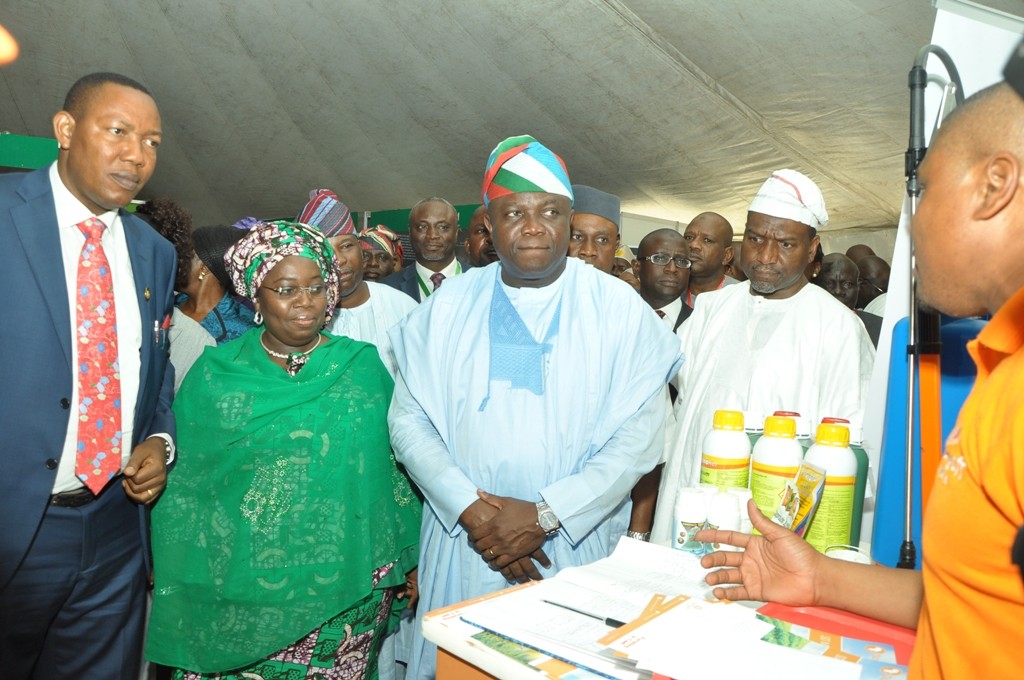 agos State Governor, Mr. Akinwunmi Ambode (right); President, Nigeria Agric Business Group, Alhaji Sani Dangote (right); Deputy Governor, Dr. (Mrs.) Oluranti Adebule (2nd left) and Special Adviser on Food Security, Mr. Sanni Ganiyu Okanlawo (left) at the exhibition stands during the Lagos Food Security Summit and Exhibition at the Airport Hotel, Ikeja, on Thursday, November 10, 2016.