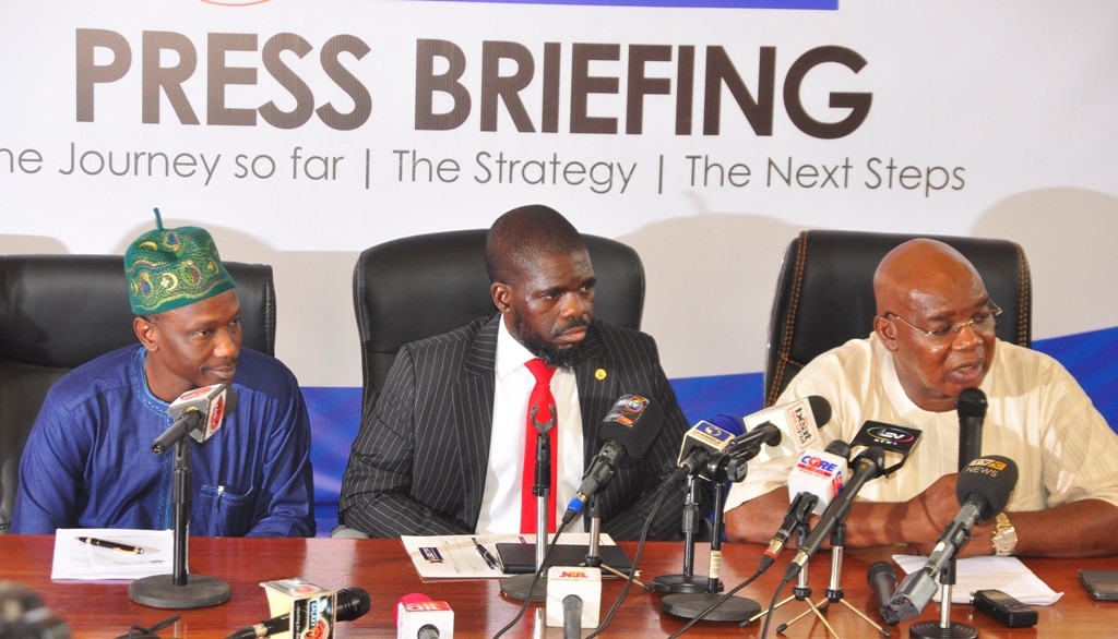 Commissioner for Wealth Creation & Employment, Dr. Babatunde Durosinmi-Etti; Executive Secretary of Lagos State Employment Trust Fund (LSETF), Mr. Akintunde Oyebode and Chairman, House Committee on Wealth Creation & Employment, Hon. Sola Giwa during a media briefing on the activities of LSETF at the Bagauda Kaltho Press Centre, the Secretariat, Alausa, Ikeja, on Monday, November 7, 2016.