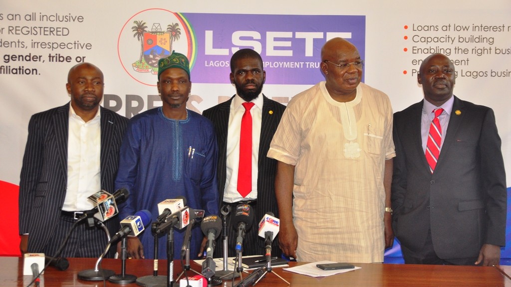 Permanent Secretary, Ministry of Wealth Creation & Employment, Mr. Abdul-Ahmed Mustapha; Chairman, House Committee on Wealth Creation & Employment, Hon. Sola Giwa; Executive Secretary of Lagos State Employment Trust Fund (LSETF), Mr. Akintunde Oyebode; Commissioner for Wealth Creation & Employment, Dr. Babatunde Durosinmi-Etti and Chief Press Secretary to the Governor, Mr. Habib Aruna during a media briefing on the activities of LSETF at the Bagauda Kaltho Press Centre, the Secretariat, Alausa, Ikeja, on Monday, November 7, 2016.