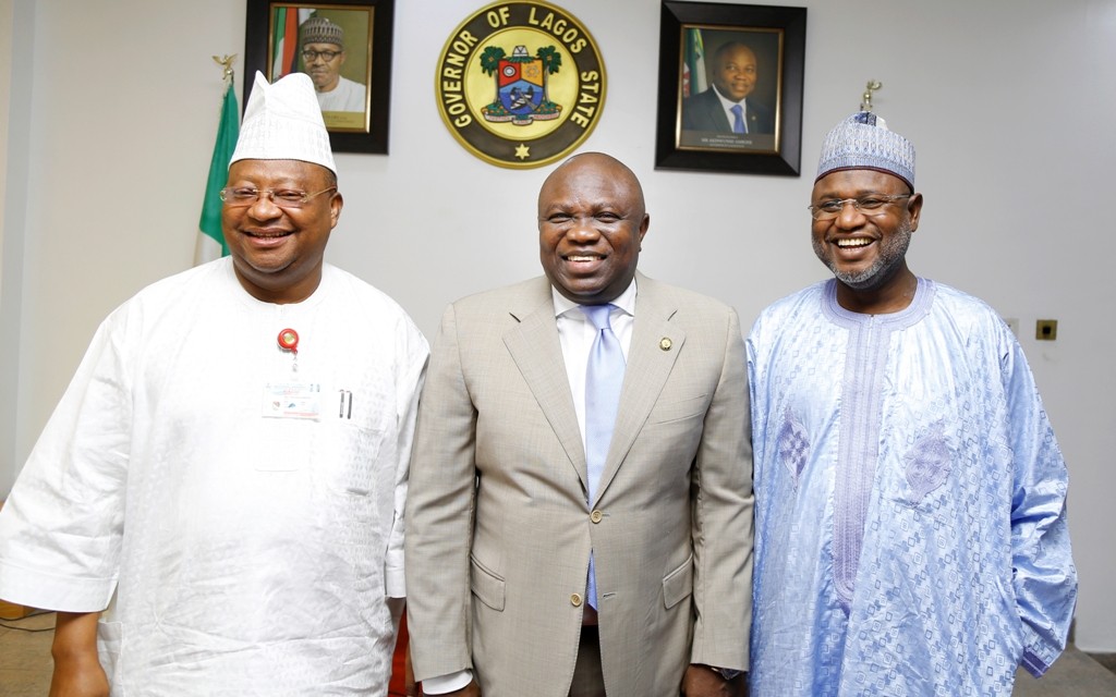 Lagos State Governor, Mr. Akinwunmi Ambode (middle), flanked by Chairman, Senate Committee on Marine Transport, Senator Sani Yerima (right) and member of the Committee, Senator Isiaka Adeleke during a courtesy visit to the Governor, at the Lagos House, Ikeja, on Tuesday, November 1, 2016.